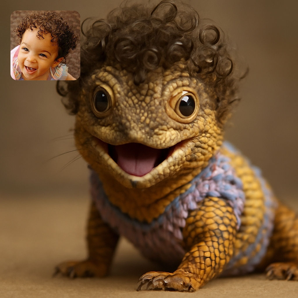 A joyful toddler with a head full of curly hair beams brightly, eyes sparkling with delight, wearing a pastel-colored ruffled outfit, set against a soft, textured background.