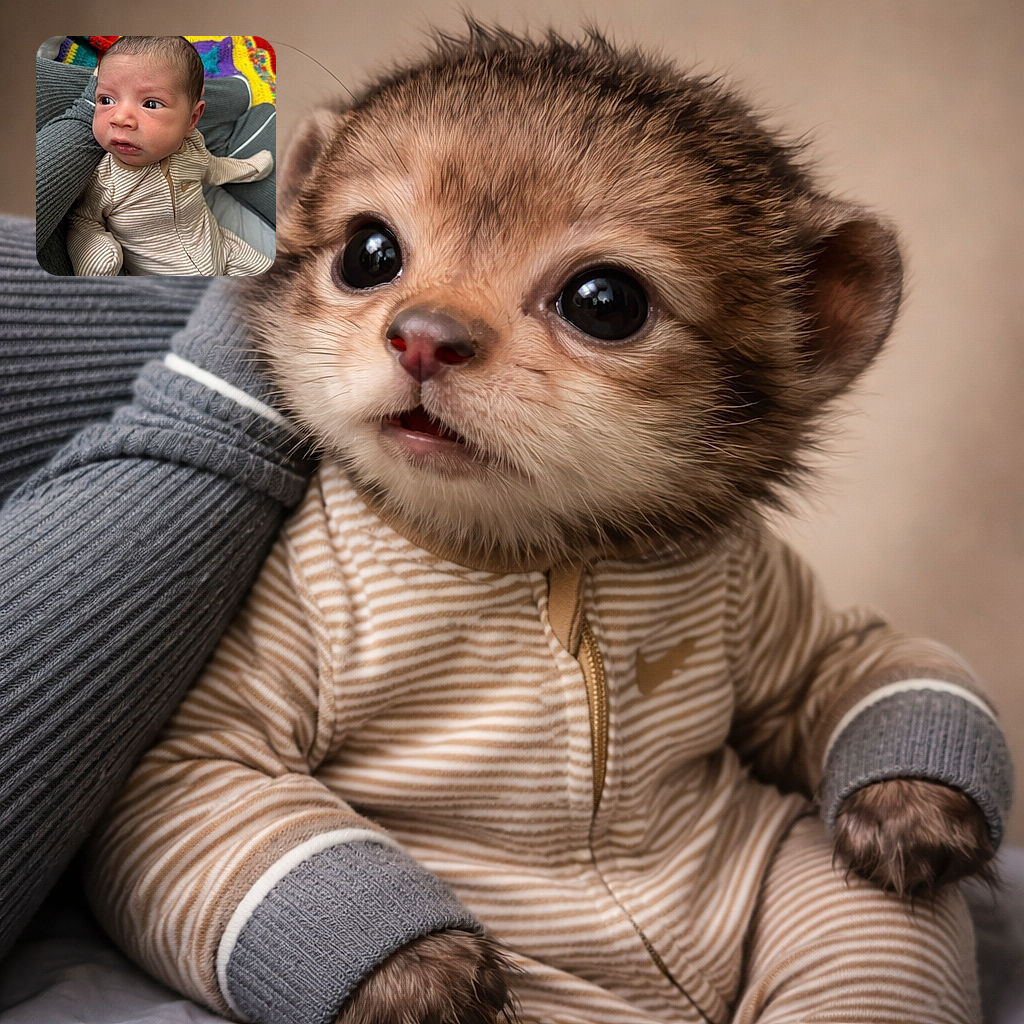 A curious baby in a striped beige onesie is being held gently, looking off to the side with big, wide eyes. The background is a cozy mix of colorful crocheted blankets and soft fabrics, creating a warm and comfortable atmosphere.