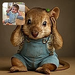 A joyful toddler sitting on the wooden floor with hands playfully on the head, wearing light blue overalls and a striped shirt, smiling brightly with a messy hair clip, surrounded by colorful blurred background elements including a painting and soft play mats.