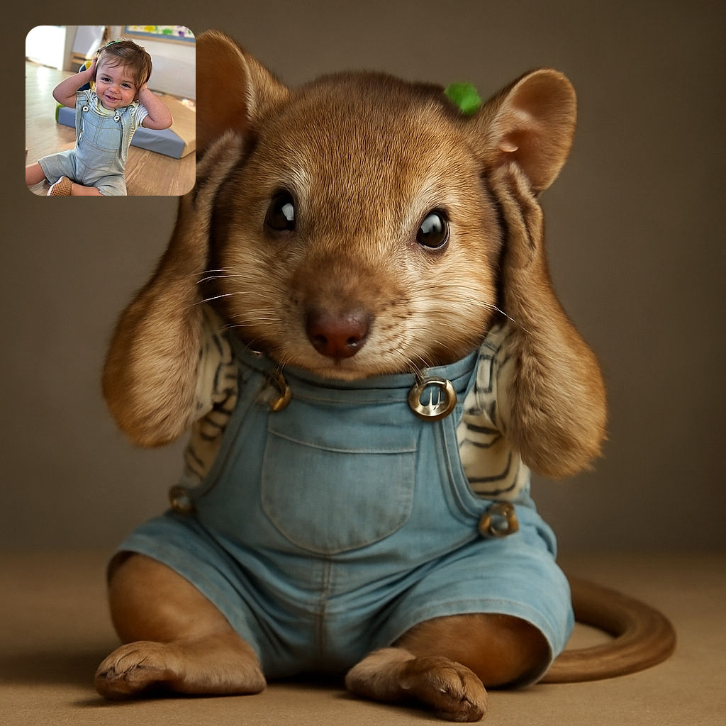 A joyful toddler sitting on the wooden floor with hands playfully on the head, wearing light blue overalls and a striped shirt, smiling brightly with a messy hair clip, surrounded by colorful blurred background elements including a painting and soft play mats.