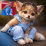 A curious toddler in a stylish blue striped outfit crouches on a colorful inflatable play area, eyes wide with wonder and a slight smile, ready to explore the bouncy kingdom.