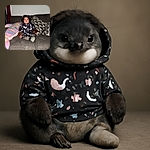 A cute toddler bundled up in a whimsical unicorn and star patterned winter jacket sits comfortably on a gray couch, surrounded by patterned pillows and a colorful mermaid tail plush, flashing a cheerful smile that brightens the cozy indoor scene.