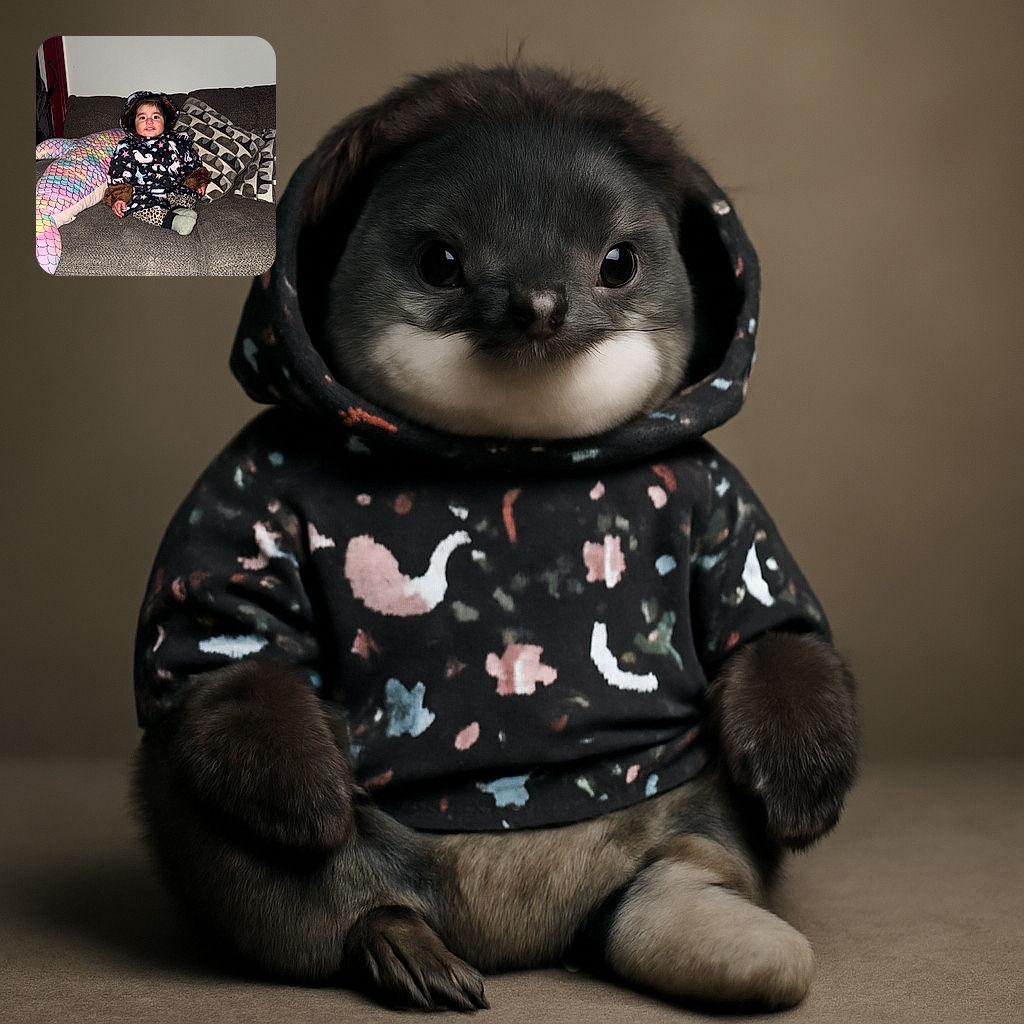 A cute toddler bundled up in a whimsical unicorn and star patterned winter jacket sits comfortably on a gray couch, surrounded by patterned pillows and a colorful mermaid tail plush, flashing a cheerful smile that brightens the cozy indoor scene.