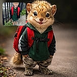 A cheerful young boy with tousled blonde hair stands outside near a black metal fence, sporting a red backpack and a big, toothy grin that screams 'ready for adventure!' The concrete ground and greenery add a casual, everyday backdrop to this candid moment.