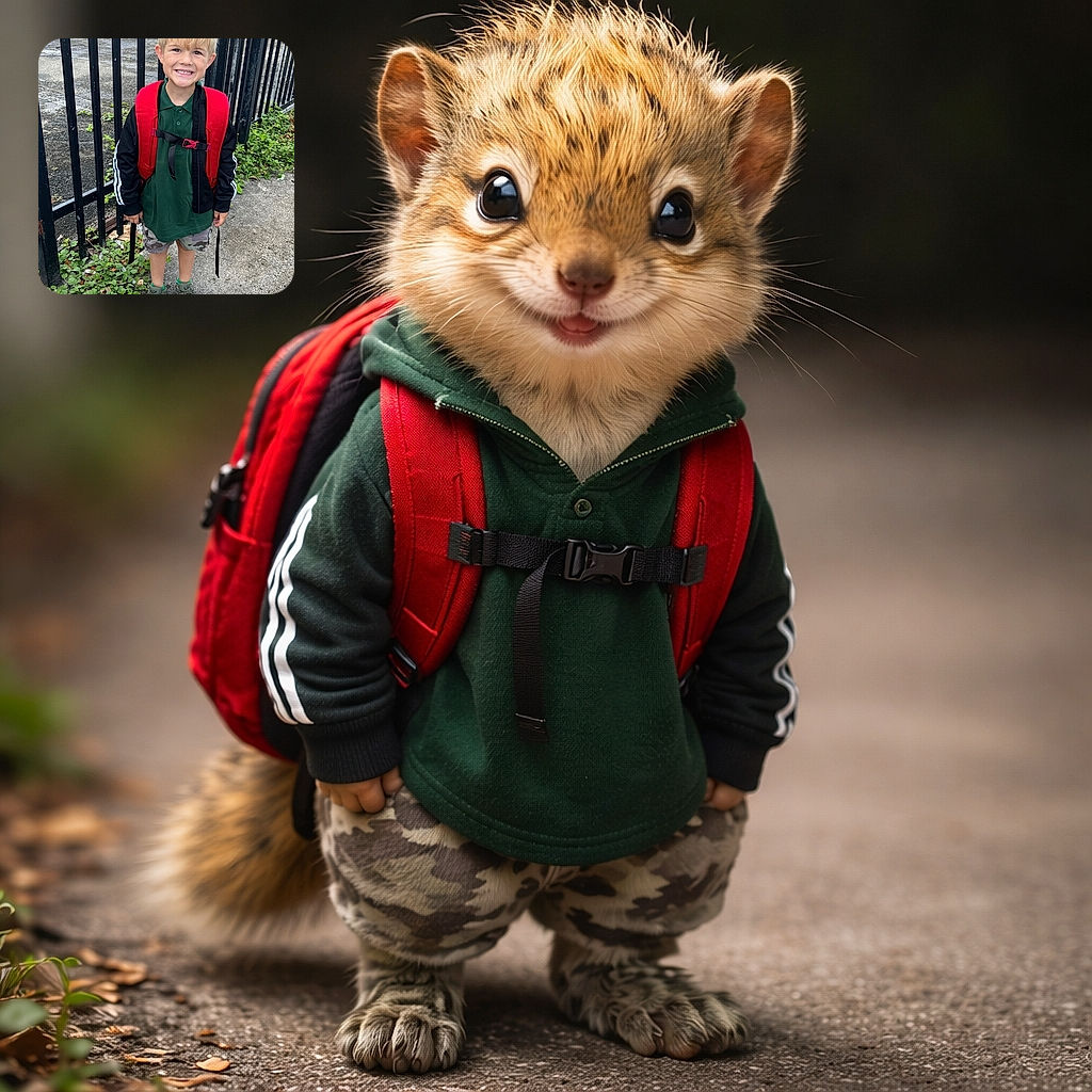 A cheerful young boy with tousled blonde hair stands outside near a black metal fence, sporting a red backpack and a big, toothy grin that screams 'ready for adventure!' The concrete ground and greenery add a casual, everyday backdrop to this candid moment.