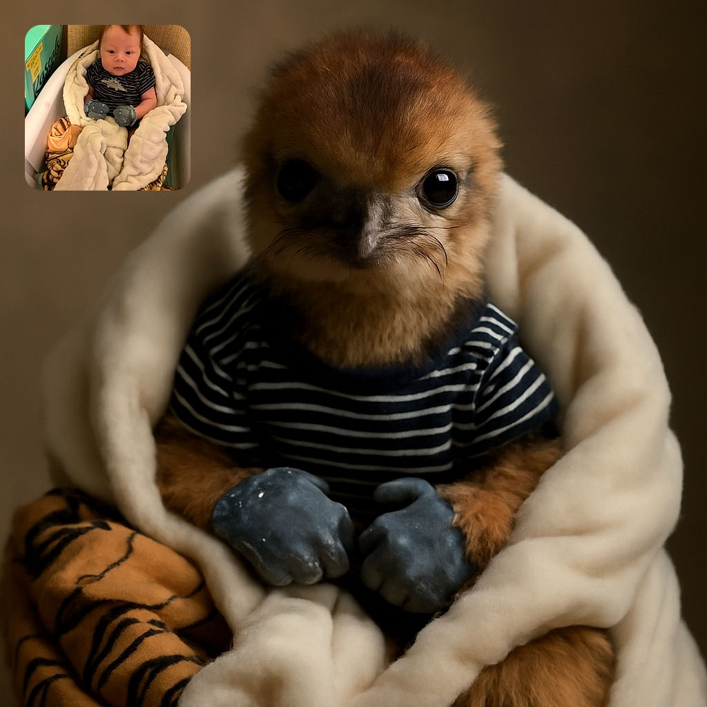 A cozy baby bundled up in a fluffy white blanket and soft mittens, sitting in a baby tub with a curious expression. A colorful box labeled 'Pascals' peeks out in the background, adding a splash of color to the warm, textured surroundings.