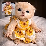 A curious baby in a cheerful sunflower dress reaches out with one hand, sitting on a cozy white blanket with a woven basket background, eyes wide open in wonder.