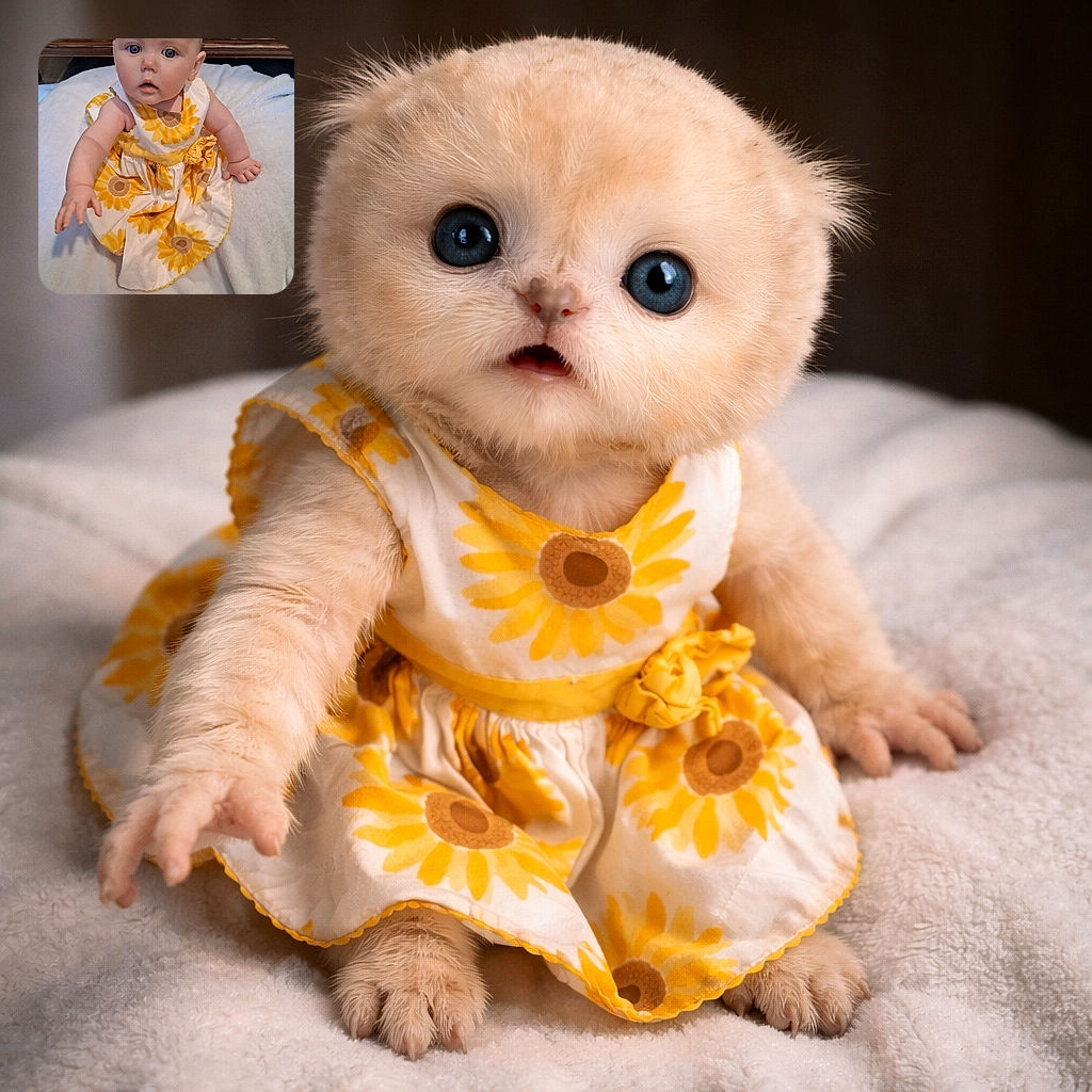A curious baby in a cheerful sunflower dress reaches out with one hand, sitting on a cozy white blanket with a woven basket background, eyes wide open in wonder.