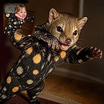 A cheerful little space explorer is striking a dramatic superhero pose in planet-covered pajamas, grinning proudly while apparently attempting to launch into orbit from the hallway. A pet-like blur peeks in at the bottom, adding bonus mystery.