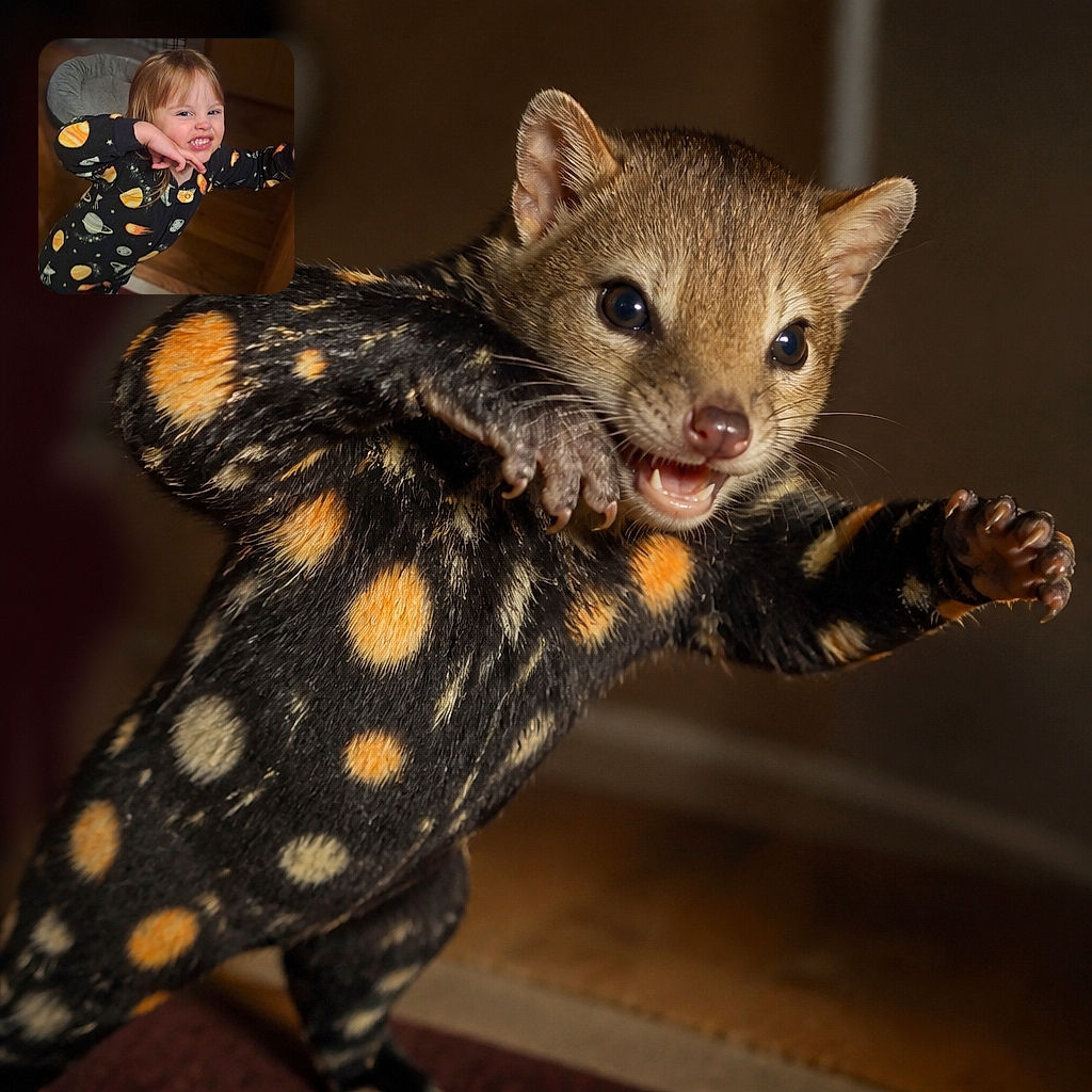 A cheerful little space explorer is striking a dramatic superhero pose in planet-covered pajamas, grinning proudly while apparently attempting to launch into orbit from the hallway. A pet-like blur peeks in at the bottom, adding bonus mystery.