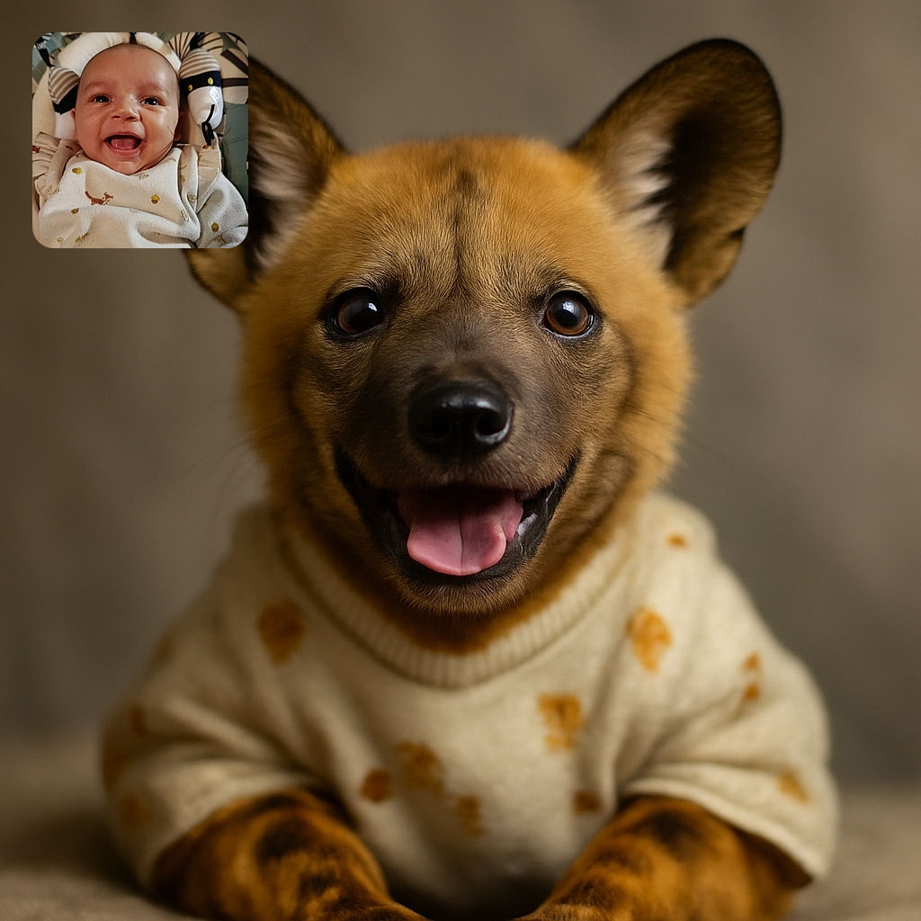 A joyful baby with bright eyes and a wide smile is captured in a cozy setting, wearing a cute outfit with playful prints, surrounded by soft cushions and toys.