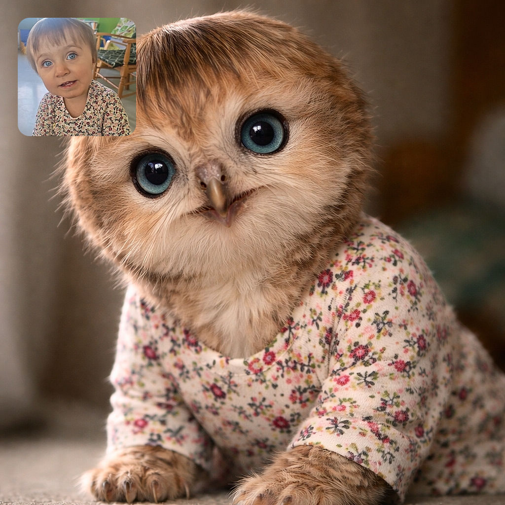 A wide-eyed toddler leans in like they're inspecting the camera for snacks — floral shirt, curious grin, and those arresting blue eyes stealing the show while a cozy playroom blurs behind.