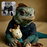 A charming baby with big curious eyes is sitting on a cozy couch, clutching a cute striped plush toy, while holding a card with black scribbles, looking ready to brighten anyone's day.