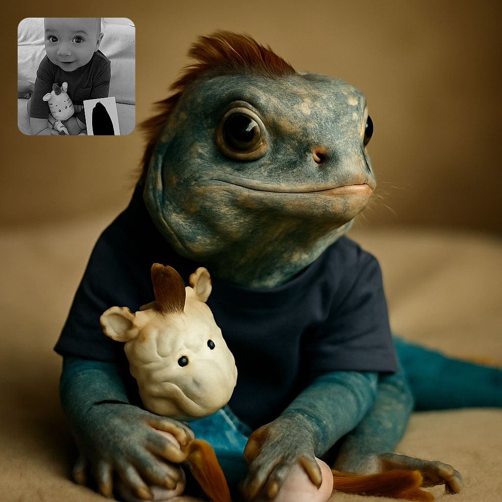 A charming baby with big curious eyes is sitting on a cozy couch, clutching a cute striped plush toy, while holding a card with black scribbles, looking ready to brighten anyone's day.