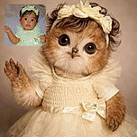 A wide-eyed baby dressed in a frilly white dress and matching headband stares curiously at the camera, one hand raised as if mid-gesture, with a soft blanket background creating a cozy scene.