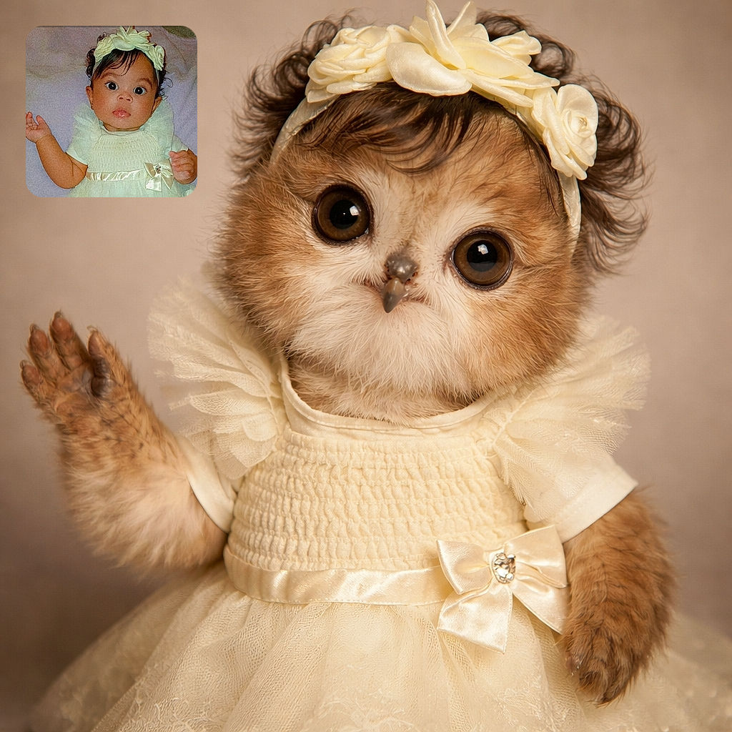 A wide-eyed baby dressed in a frilly white dress and matching headband stares curiously at the camera, one hand raised as if mid-gesture, with a soft blanket background creating a cozy scene.