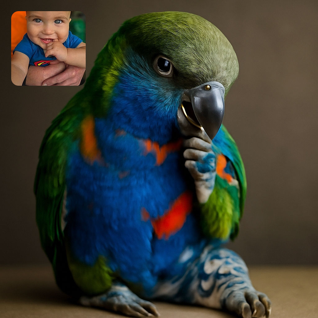 A close-up photo of a happy baby with bright eyes and a finger in their mouth, wearing a blue shirt with a Superman logo and dinosaur-printed pants, being held gently by an adult's hand adorned with rings.