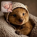 A charming baby wrapped in a cozy, fluffy blanket, wearing a delicate lace bonnet and giving a playful, puckered expression that could melt the coldest heart.