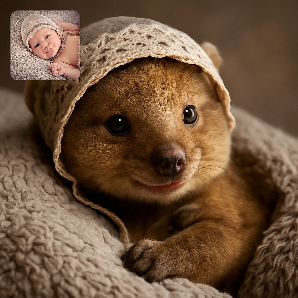 A charming baby wrapped in a cozy, fluffy blanket, wearing a delicate lace bonnet and giving a playful, puckered expression that could melt the coldest heart.