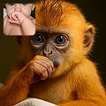 A close-up photo of a baby with striking blue eyes sucking on their thumb, with wet hair strands falling on the forehead and a soft towel wrapped around the lower body, capturing a tender and intimate moment.