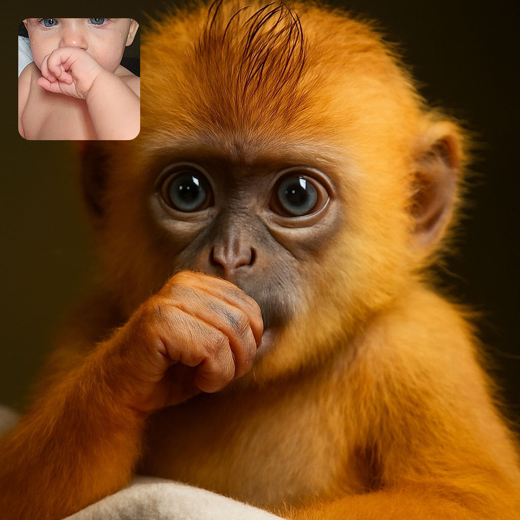 A close-up photo of a baby with striking blue eyes sucking on their thumb, with wet hair strands falling on the forehead and a soft towel wrapped around the lower body, capturing a tender and intimate moment.