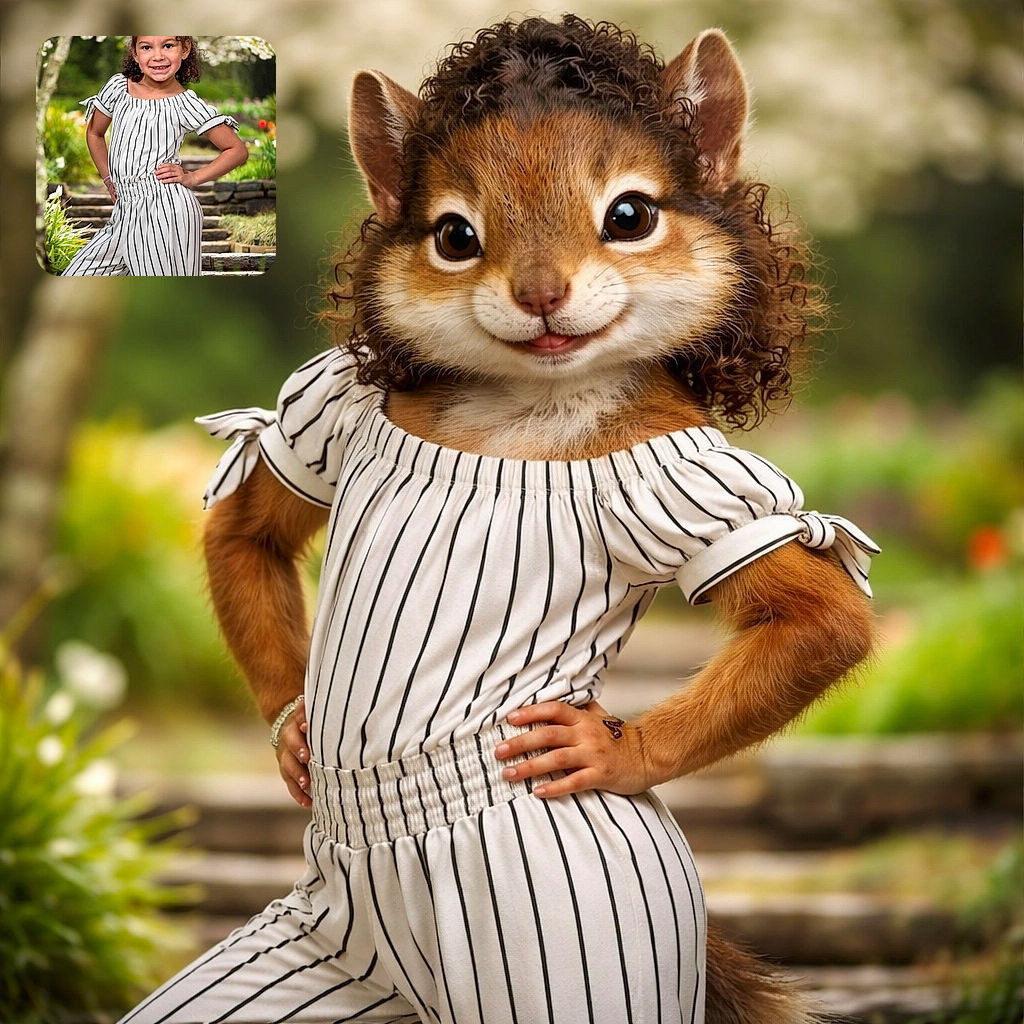 A confident little model in a striped jumpsuit strikes a hand-on-hip pose, flashing a gap-toothed grin while cherry blossoms and stone steps stage a perfectly photogenic backyard runway — looks like she just won Best Pose and the last cookie.