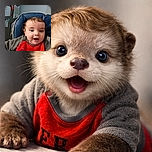 A joyful baby with wide eyes and an open mouth is sitting in a blue padded chair, wearing a red bib and a gray sweater. The background shows a bulletin board with pinned papers, creating a cozy home atmosphere.
