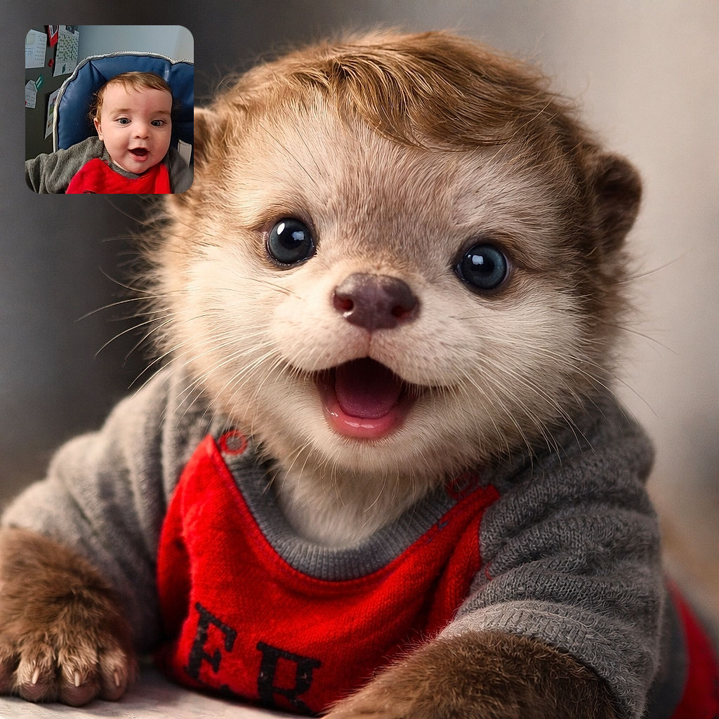 A joyful baby with wide eyes and an open mouth is sitting in a blue padded chair, wearing a red bib and a gray sweater. The background shows a bulletin board with pinned papers, creating a cozy home atmosphere.