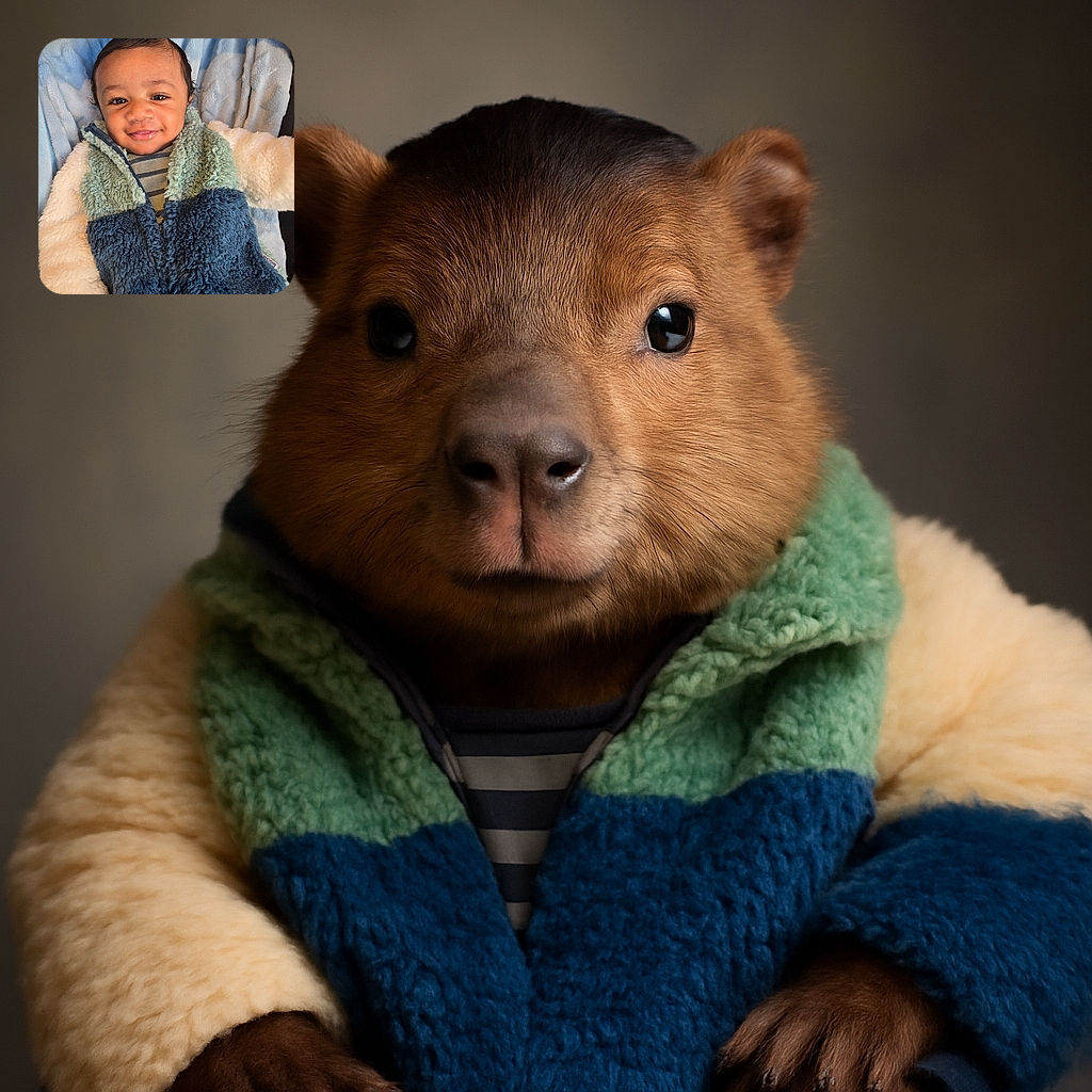 A charming baby bundled up in a cozy fluffy jacket, smiling warmly while lying on a soft blue blanket, radiating pure cuteness and comfort.