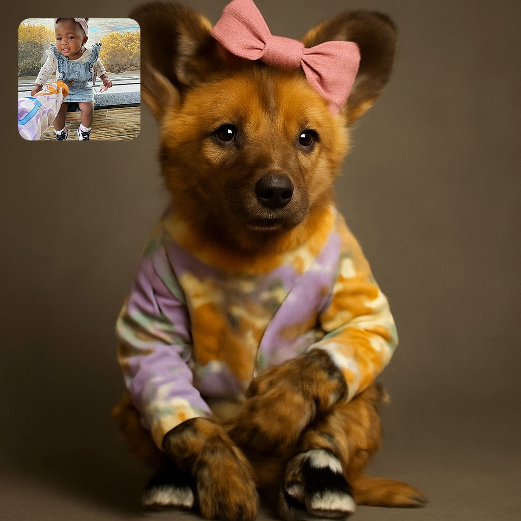 A cute toddler wearing a pink headband and denim dress is sitting on a windowsill with a pacifier in hand, while an adult's colorful sleeve reaches out to steady her. The background shows a parking lot and some bushes through the window, creating a cozy indoor scene.