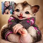 A joyful baby sprawled in a patterned bouncer, grinning with tiny teeth and reaching for a striped sock — the kind of close-up that melts hearts. Colorful toy graphics (a sun and a cheeky monkey) peek behind the head, a safety label and buckle show it's a well-secured seat, and the floral onesie adds extra charm. The shot feels candid, warm, and impossibly cute.