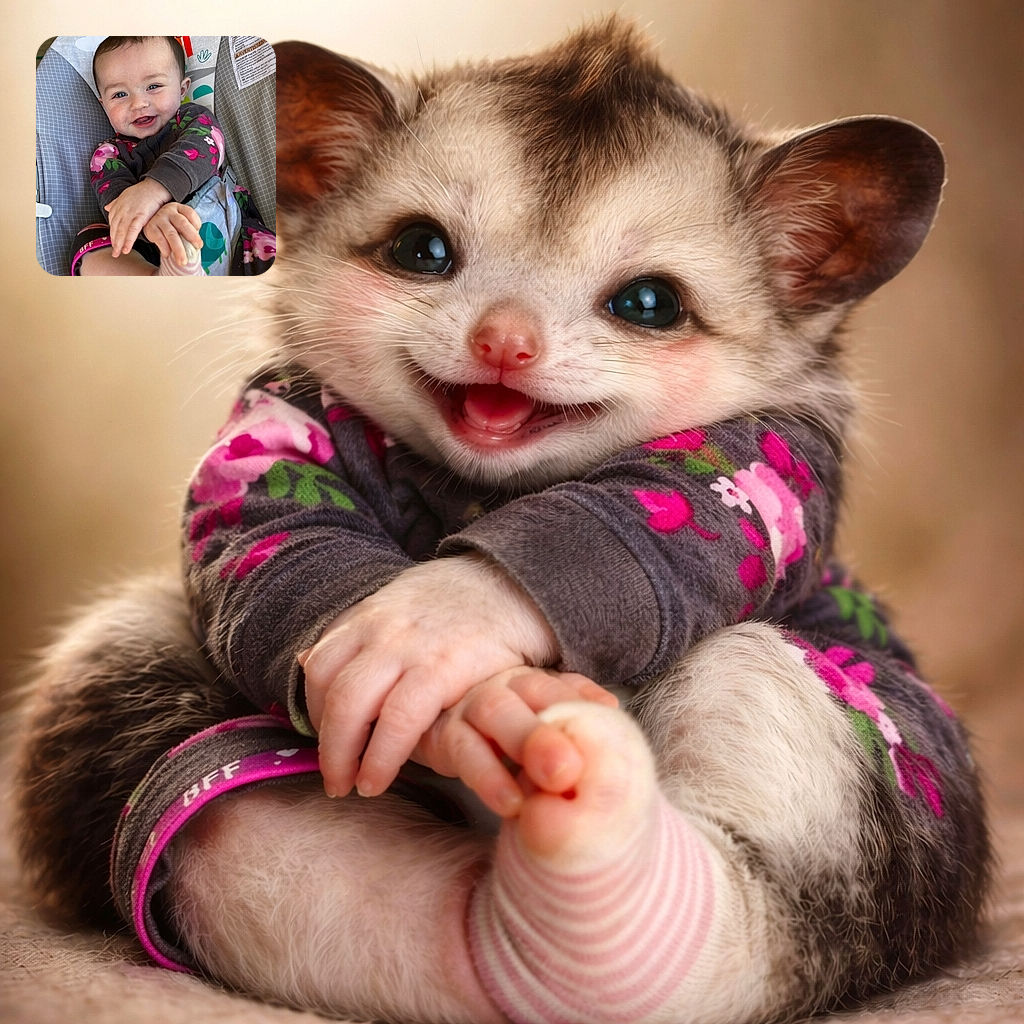 A joyful baby sprawled in a patterned bouncer, grinning with tiny teeth and reaching for a striped sock — the kind of close-up that melts hearts. Colorful toy graphics (a sun and a cheeky monkey) peek behind the head, a safety label and buckle show it's a well-secured seat, and the floral onesie adds extra charm. The shot feels candid, warm, and impossibly cute.