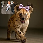 A cheerful toddler with curly hair tied up by a cute headband is standing on a wooden floor, holding onto a fridge for balance, wearing a Minnie Mouse shirt and light-colored pants, looking up with a big smile and bright eyes.