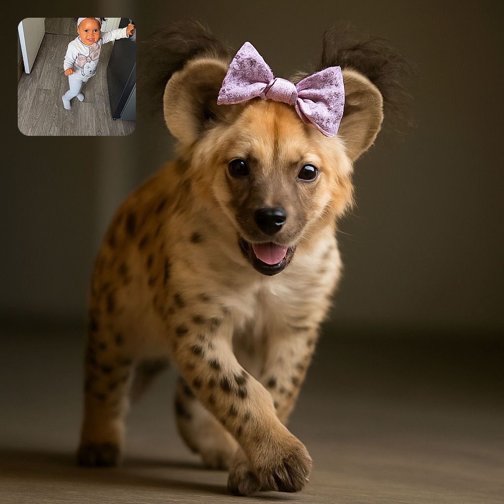 A cheerful toddler with curly hair tied up by a cute headband is standing on a wooden floor, holding onto a fridge for balance, wearing a Minnie Mouse shirt and light-colored pants, looking up with a big smile and bright eyes.