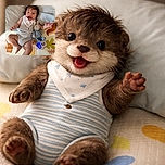 A joyful baby with tousled hair is lying on a colorful play mat, wearing a striped outfit and a bib, smiling widely with arms outstretched while cuddling a striped plush bunny and surrounded by playful toys.