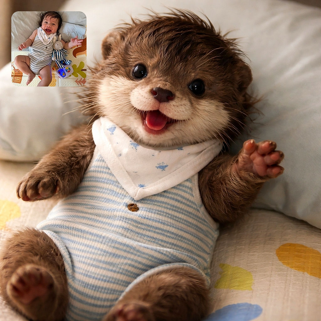 A joyful baby with tousled hair is lying on a colorful play mat, wearing a striped outfit and a bib, smiling widely with arms outstretched while cuddling a striped plush bunny and surrounded by playful toys.
