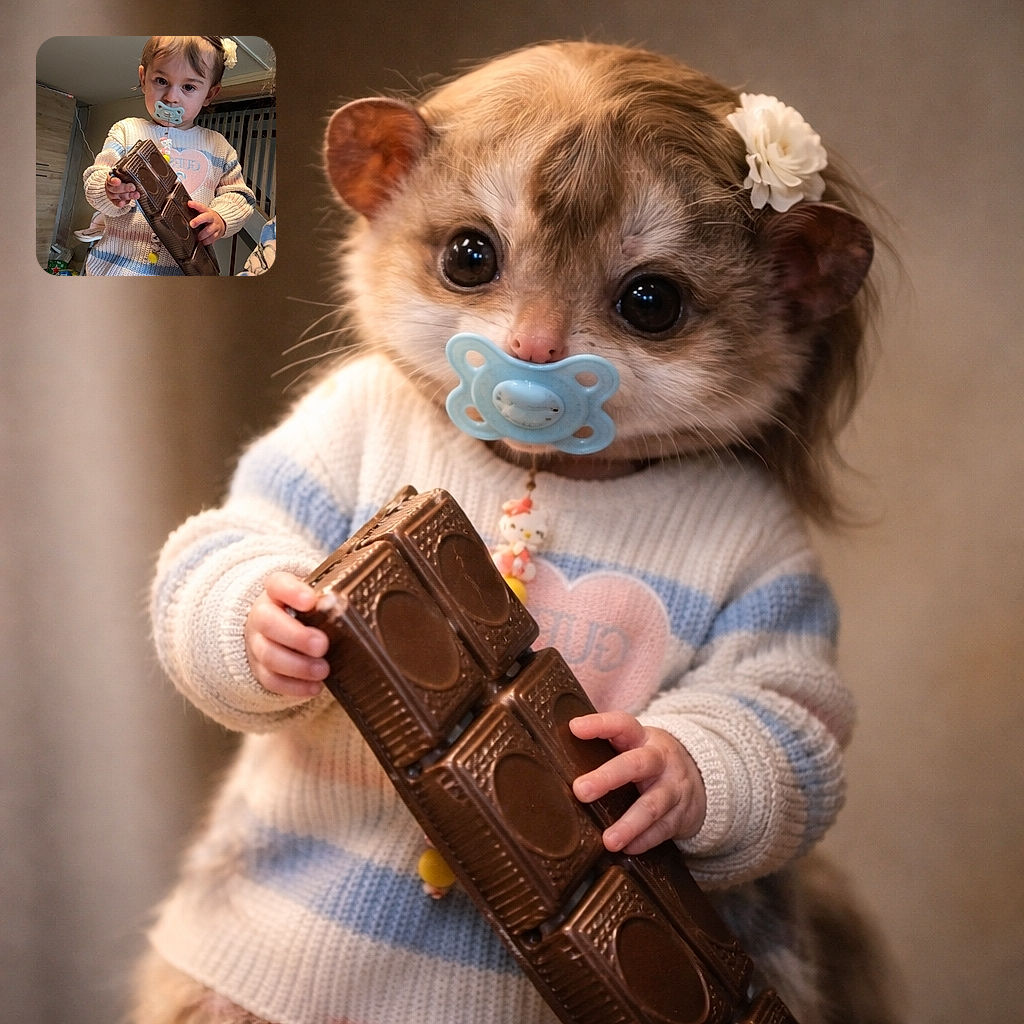 A serious-faced toddler stares down the camera with a pacifier like a tiny referee while proudly brandishing a large chocolate-like package — part fashion model, part snack inspector, all adorable.