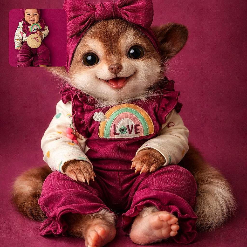 A joyful baby dressed in vibrant magenta clothes and matching headband beams brightly while holding a wooden sign that proudly announces 'five months'—the perfect snapshot of early milestones against a matching magenta backdrop.
