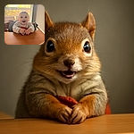 A joyful baby with bright blue eyes and a wide smile sits in a wooden high chair, hands playfully clasped together on the tray, bathed in warm natural light from a sunlit window behind.