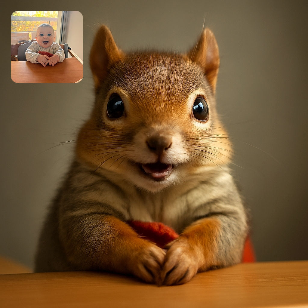 A joyful baby with bright blue eyes and a wide smile sits in a wooden high chair, hands playfully clasped together on the tray, bathed in warm natural light from a sunlit window behind.