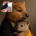 A close-up selfie of an adult and a baby, with the baby wearing a fuzzy hat and gazing curiously. The adult's face is partially visible, and there's a small inset video call screen showing a person facing away in a chair, adding a quirky tech twist.