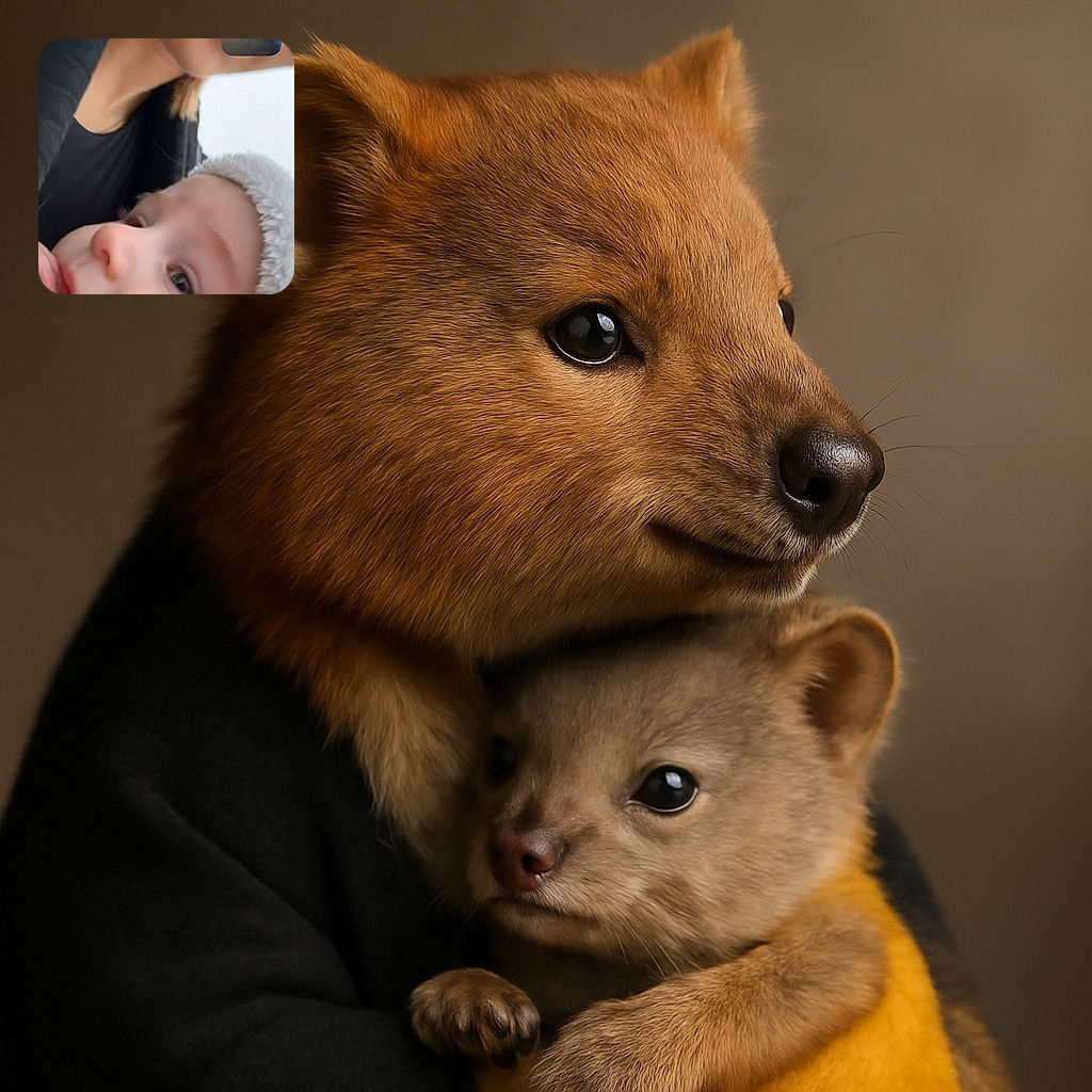 A close-up selfie of an adult and a baby, with the baby wearing a fuzzy hat and gazing curiously. The adult's face is partially visible, and there's a small inset video call screen showing a person facing away in a chair, adding a quirky tech twist.