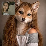 A slightly blurry selfie of a young girl with long hair, wearing a casual top, posing indoors with a neutral expression. The background includes a wall with a painting and a dimly lit TV screen.