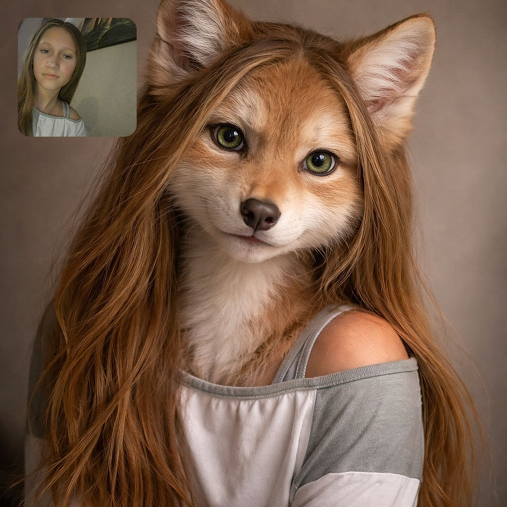 A slightly blurry selfie of a young girl with long hair, wearing a casual top, posing indoors with a neutral expression. The background includes a wall with a painting and a dimly lit TV screen.