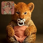 A tiny baby nestled comfortably in a colorful cushioned baby seat, sucking on a pacifier, dressed in a cozy animal-patterned onesie with soft socks, surrounded by playful pastel patterns and a hint of warning labels on the side.