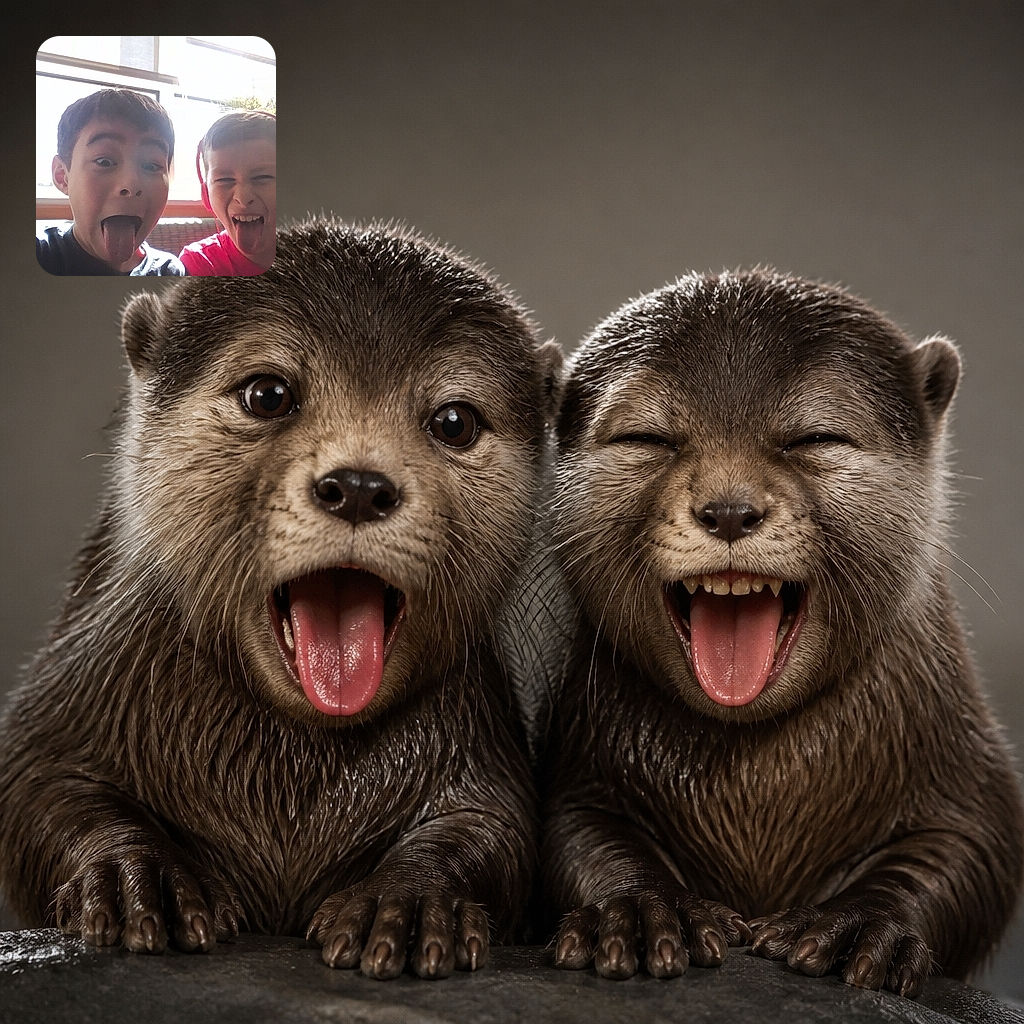 Two laughing children pull their best tongue-out faces for the camera, looking like they just discovered the world’s funniest joke. Bright windows, a sunny indoor setting, and dramatic black letterbox bars complete the chaotic comedy portrait.