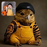 A cheerful baby wearing a black beanie and yellow overalls is lying on a fluffy gray rug, cuddling a knitted orange fox toy, with a big smile that could melt hearts everywhere.