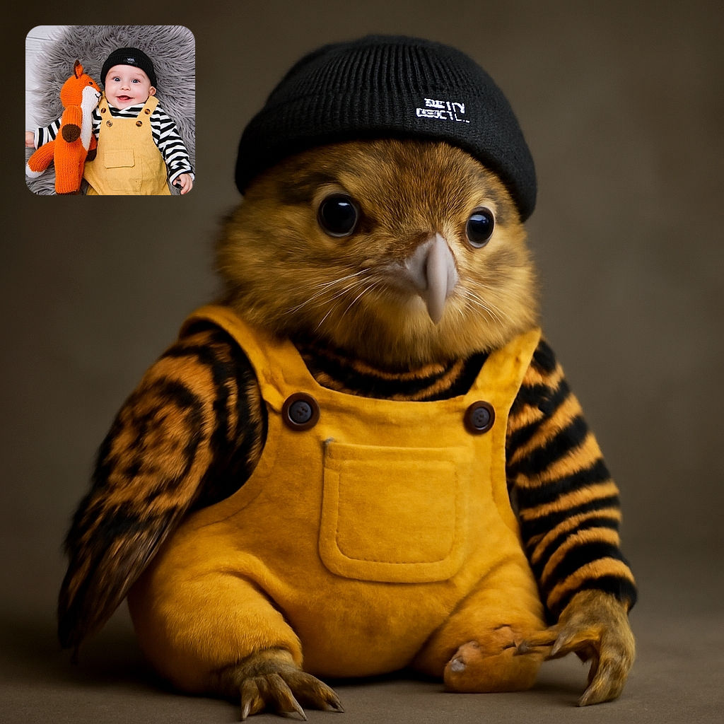 A cheerful baby wearing a black beanie and yellow overalls is lying on a fluffy gray rug, cuddling a knitted orange fox toy, with a big smile that could melt hearts everywhere.