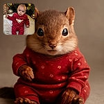 A curious baby dressed in a festive red onesie with a reindeer design sits cozily on a white blanket under a decorated Christmas tree, looking straight at the camera with wide, inquisitive eyes, while fuzzy reindeer slippers complete the holiday vibe.