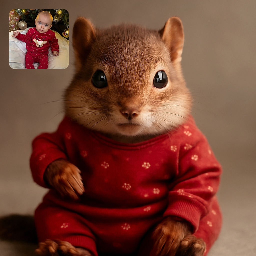A curious baby dressed in a festive red onesie with a reindeer design sits cozily on a white blanket under a decorated Christmas tree, looking straight at the camera with wide, inquisitive eyes, while fuzzy reindeer slippers complete the holiday vibe.
